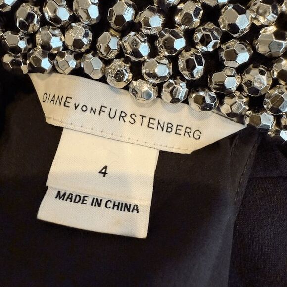 Diane Von Furstenberg Silk Lainey Embellished Dress Black w/ Silver Beads Size 4 - Picture 7 of 14